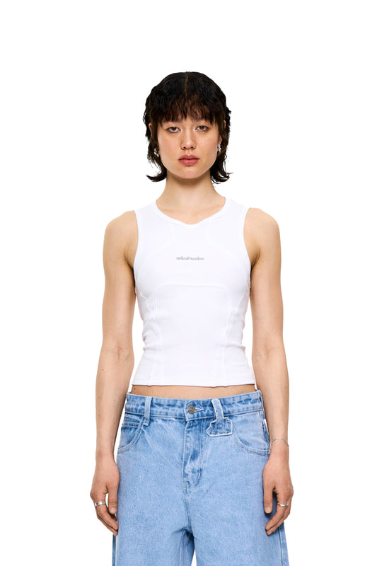 Person wears the CC Anatomy Tank Top Cropped White with decorative stitching and embroidered OLAKALA logo. Tight fit, sleeveless and unisex.