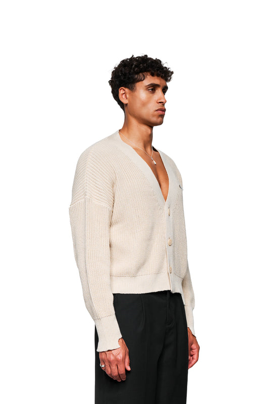 Junger Mann trägt eine beige CC Cardigan mit V-Ausschnitt, versetztem Saum, OLAKALA Pin, oversized und cropped, kombiniert mit schwarzen Hosen und silbernem Schmuck.
