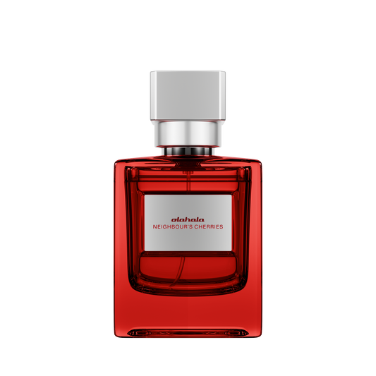 Neighbour's Cherries Extrait de Parfum: Rote Parfumflasche, symbolisiert Verführung. Perfekte Wahl für den OLAKALA Onlineshop, inspiriert von Kirsche, Safran und warmen Hölzern.