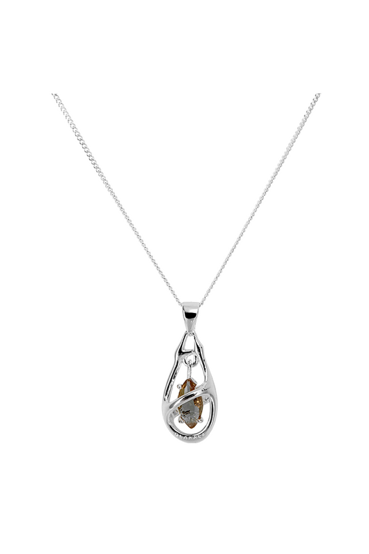 Silver 'Core Protector Chain Silver' necklace with synthetic zultanite pendant, engraved logo, 44 cm chain length.