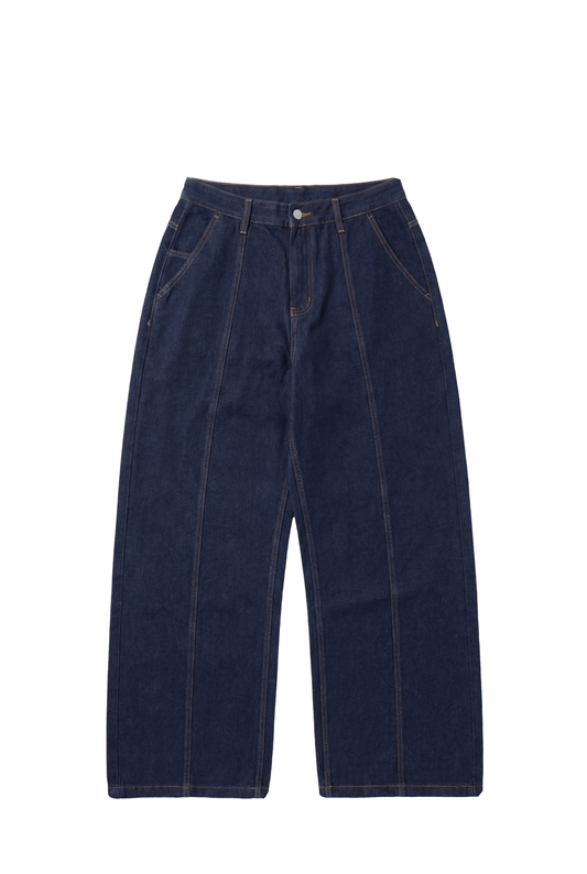 Raw Denim Pants Indigo mit hoher Taille, weiten Beinen, vorderen Ziernähten und französischen Taschen, unverkennbar durch markante Nahtdetails und dezente Stickerei.