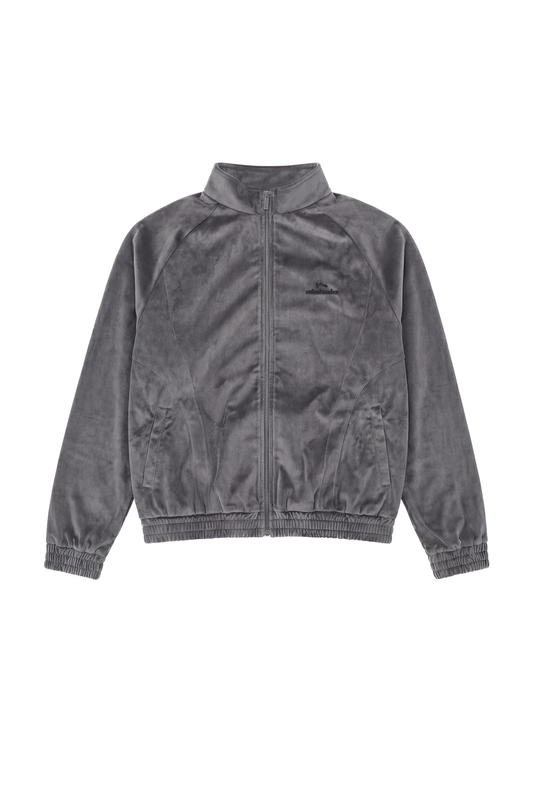 Sports Velour Jacket Gray: Leichte, graue Jacke mit Stehkragen, Raglanärmeln, elastischen Bündchen, Teilungsnähten, Mesh-Futter und gesticktem Logo auf der Brust, passend für sportlichen und urbanen Stil.