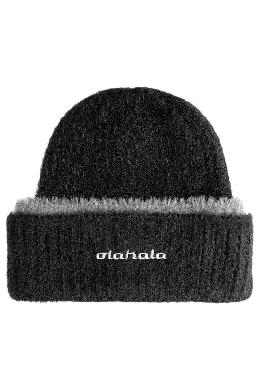Fuzzy layered beanie with turned-up brim and embroidered OLAKALA logo, unisex, black design, ideal for stylish warmth in the official OLAKALA online store.