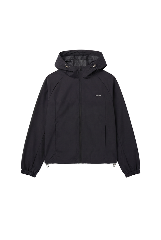 Windbreaker Icon Black: Leichte, wasserabweisende Jacke mit Reißverschluss, verstellbarer Kapuze und elastischen Bündchen, ideal für Sport und Alltag.