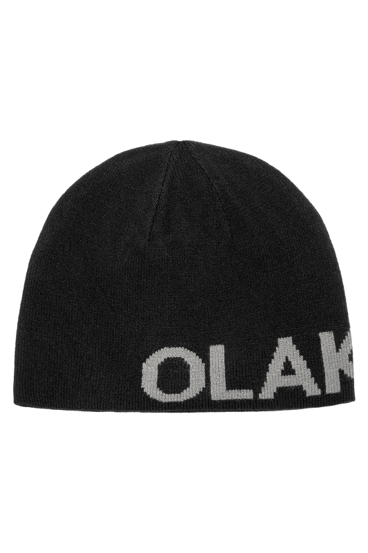 Black knitted beanie Light Logo Beanie Black with gray O L A K lettering on the brim, presented on a black background.