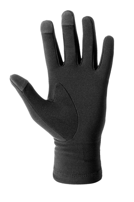 CI Gloves Black: Schwarze elastische Handschuhe mit Touchscreen-Funktion, OLAKALA-Monogramm und Logo als Silikondruck, unisex und wasserabweisend.