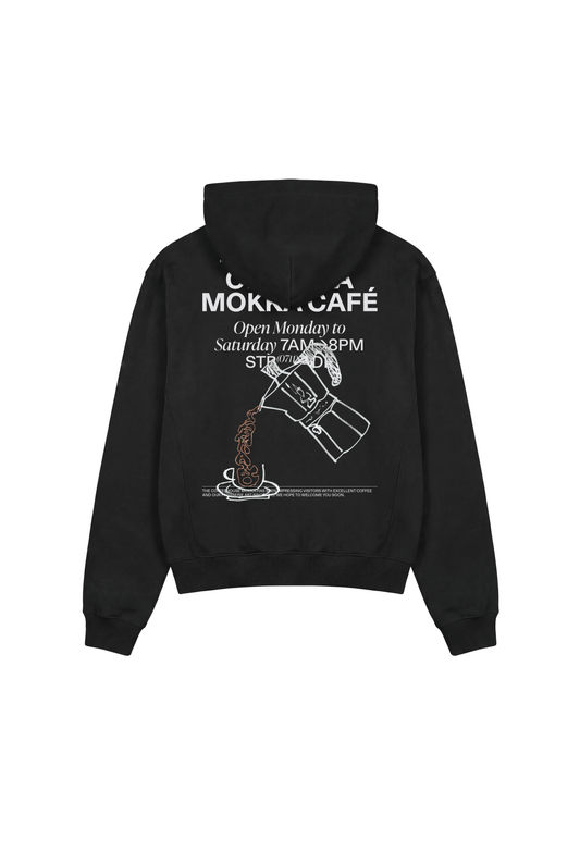 Schwarzer Mokka Hoodie mit Moka-Kannen-Motiv und Café-Texten, basierend auf CC Core Hoodie für mehr Alltagskomfort.