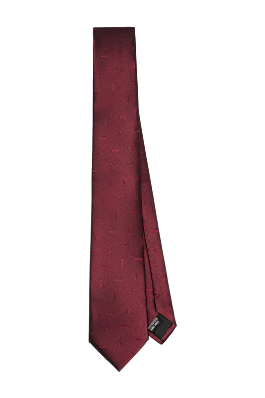 Monogram Tie Bordeaux: Men's tie in deep burgundy red with a subtle rectangular pattern. Made from 100% polyester, hand-finished. Unisex design for versatile occasions.