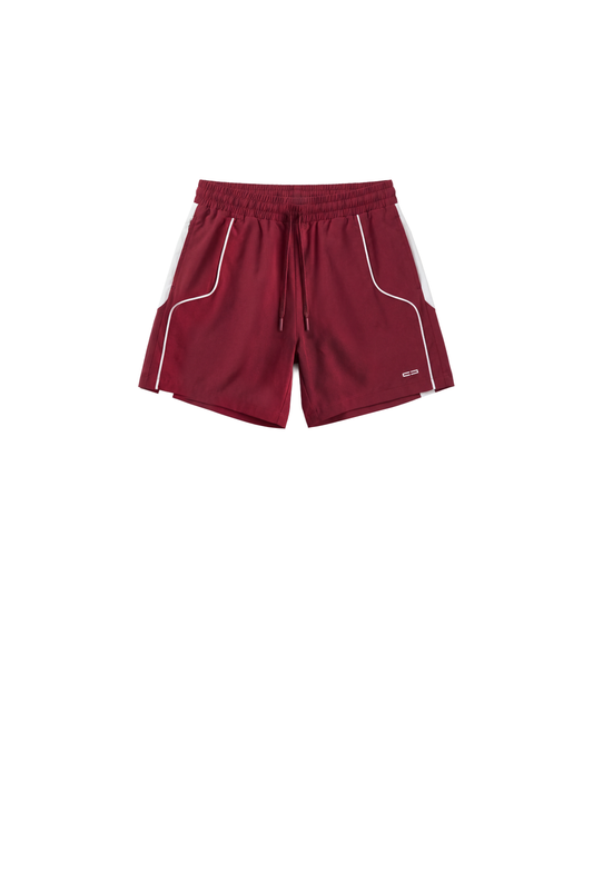 0asis Swim Shorts Red mit elastischem Bund, weißen Paspeln, Seitentaschen und Logo-Print, ideal für Sportaktivitäten dank schnelltrocknendem Material und Mesh-Futter.