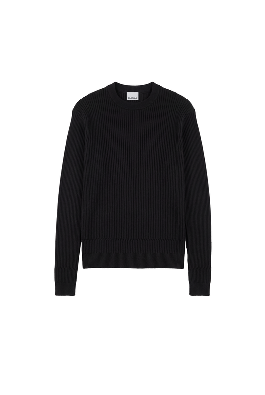 Exquisite Knit Longsleeve Black, unisex, liegt flach; gerippter Strick, enganliegend, mit verschiedenen Strickmustern an Bund und Ärmeln.