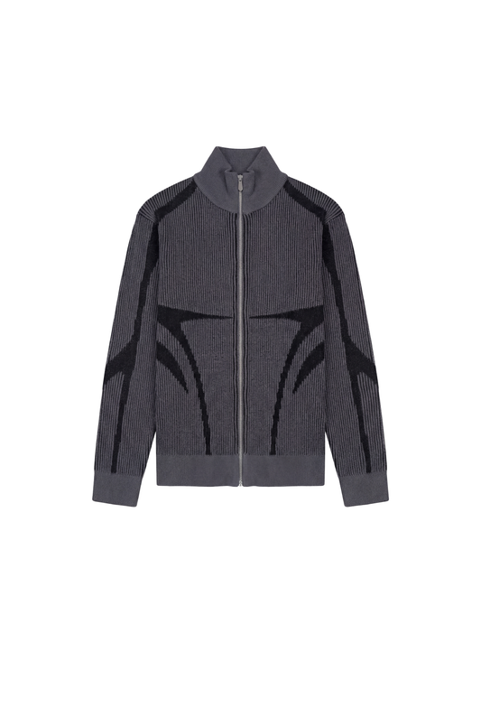 Luminous Zip Jacket Gray: Langarm-Strickjacke mit Stehkragen, geripptem Muster, klarer Silhouette und elastischen Bündchen, vielseitig kombinierbar, unisex, hochwertige Verarbeitung.