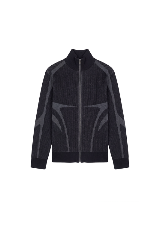 Luminous Zip Jacket Black mit Stehkragen, gerippten Bündchen und abstraktem Strickmuster; betont die Silhouette mit hochwertiger Verarbeitung, unisex tragbar.