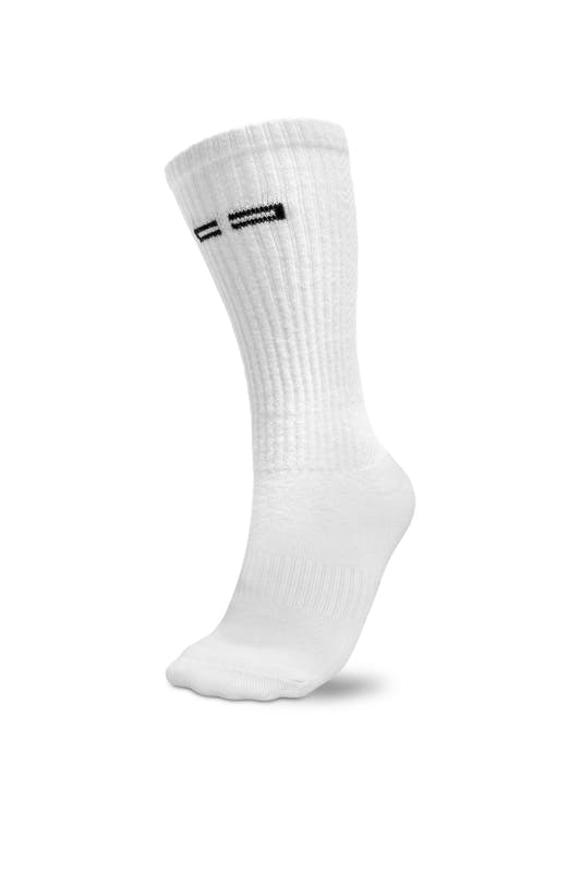 Close-up of the Distorted Icon Socks White 2-pack with different knitting patterns and embroidered OLAKALA logo on the front.