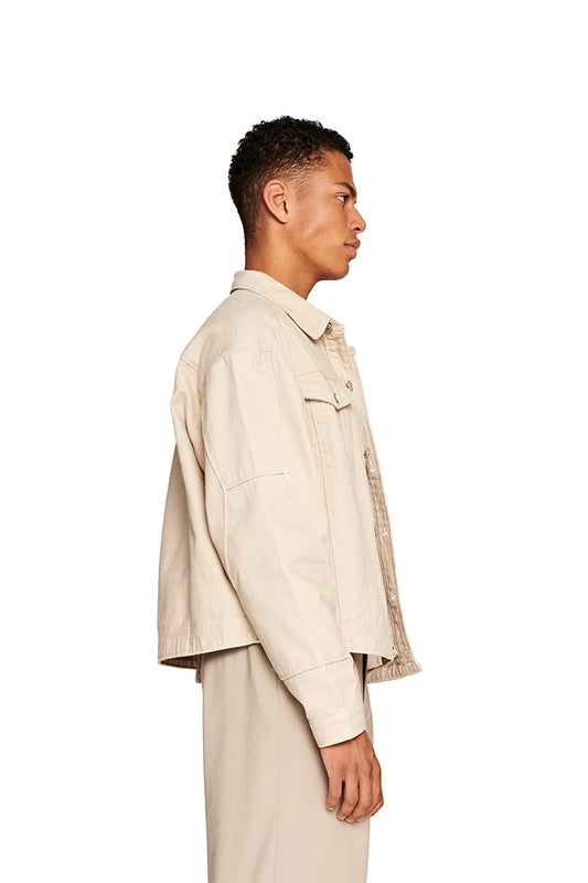 Elusive denim jacket with dividing seams, patch breast pockets, embroidered E logo, oversized fit and offset hem, presented by OLAKALA.