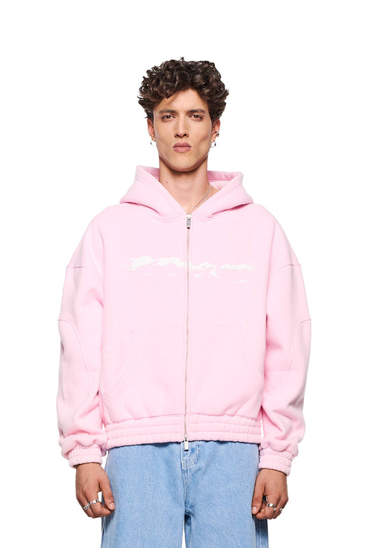 Mann trägt Elysium Zip Hoodie Pink mit 2-Wege-Reißverschluss, Teilungsnähten, Eingriffstaschen, elastischen Bündchen und Elysium-Grafik auf der Brust.