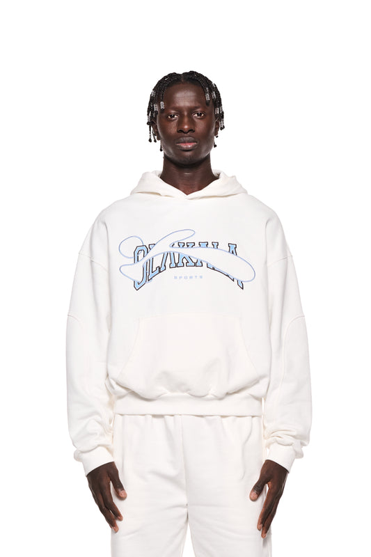Sports Hoodie White mit gesticktem OLAKALA Sports Logo auf der Brust, überschneidende Nähte, Ripp-Bündchen an Ärmeln und Saum, Oversize-Passform, unisex.