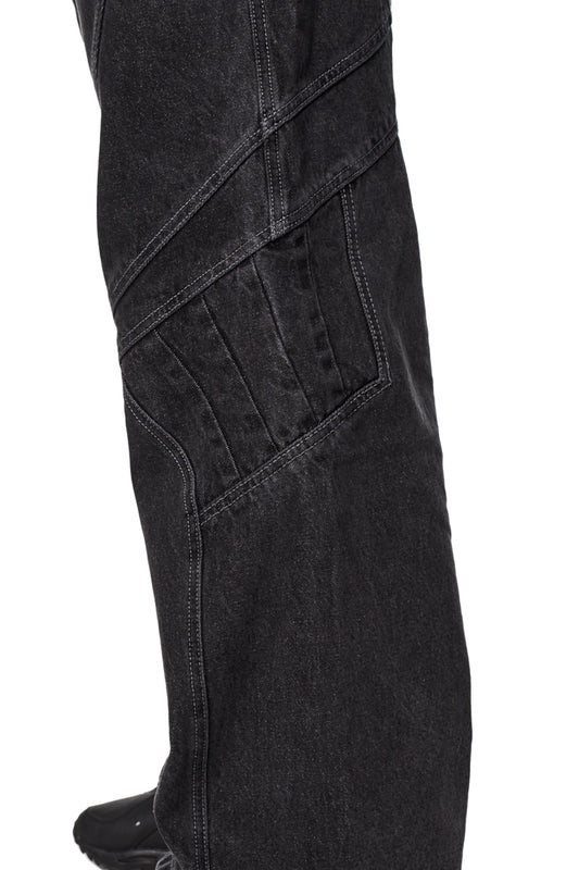 Alien Intel Black Denim Pants mit robustem Denim, 5-Pocket-Style und geprägtem OLA KALA PU-Patch, lockere Passform, gerades Bein, Unisex.