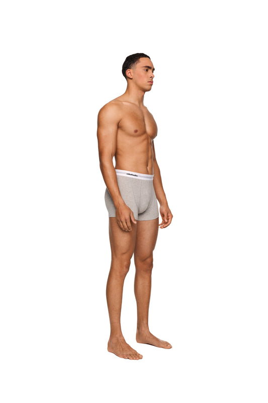 Mann trägt graue CC Boxershorts, 3er Pack, mit elastischem Bund und eingewebtem Logo, von Rückgabe ausgeschlossen.