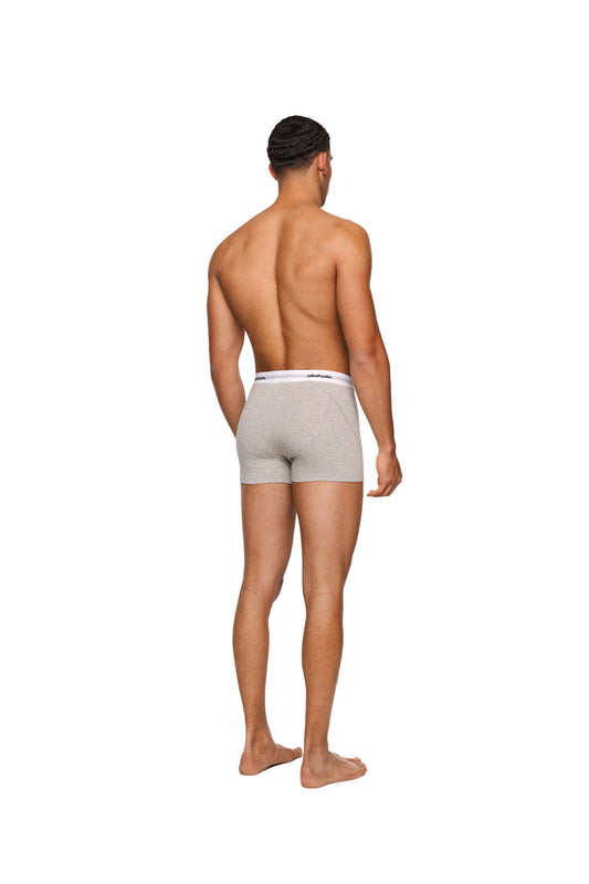 Mann trägt CC Boxershorts Gray 3er Pack mit elastischem Bund und eingewebtem Logo, präsentiert von OLAKALA.