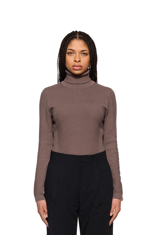 Frau trägt braunen Anatomy Turtleneck von OLAKALA mit Rollkragen und engem Schnitt, ideal für modische Casual-Looks.