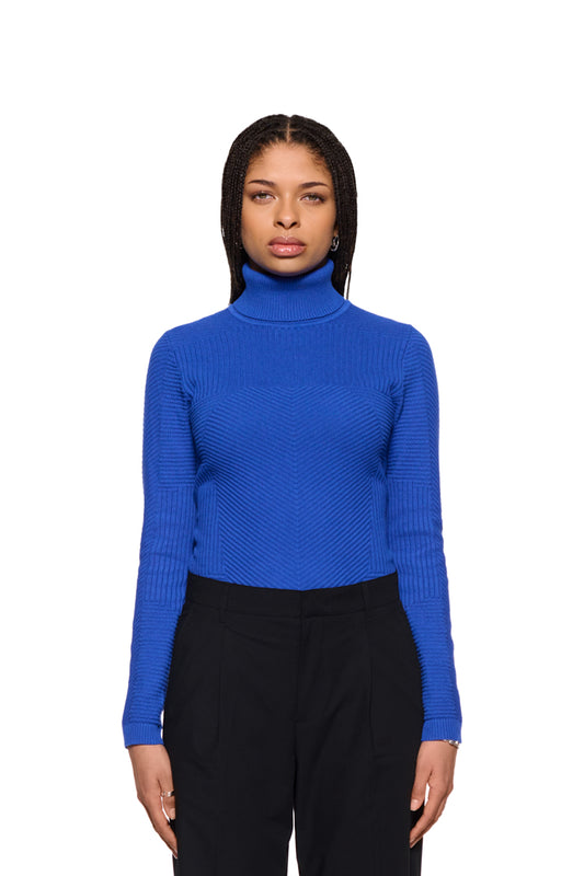 Frau trägt einen blauen Anatomy Turtleneck von OLAKALA mit Rollkragen und enger Passform, kombiniert mit schwarzer Hose. Ideal für casual und unisex Stylings.