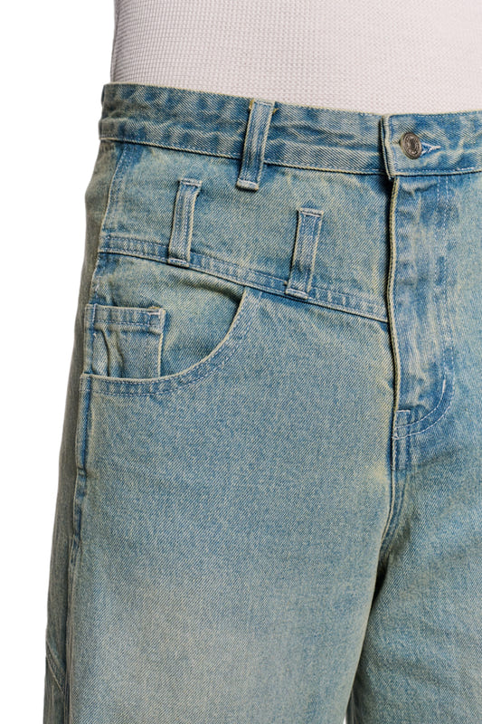 Gills Washed Denim Pants Blue with air vents, 5-pocket design, offset side seam and OLAKALA logo on the left side, loose unisex fit.
