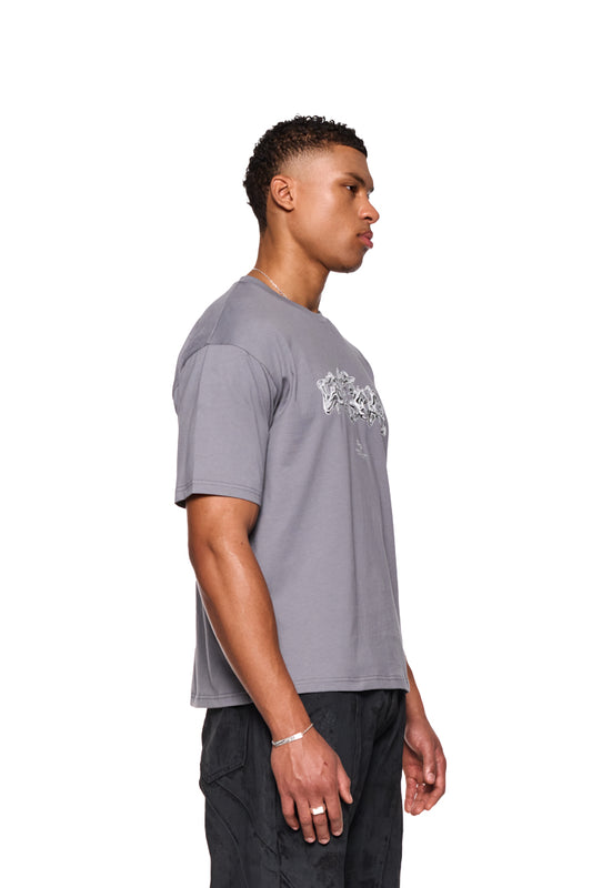 Mann trägt das Greyzone T-Shirt in Dunkelgrau mit Siebdruckgrafik und Ripp-Kragen, reguläre Passform, unisex Design.