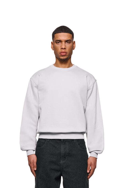 Mann trägt CC Core Sweater Gray mit Rippbündchen und verlegten Nähten für Tragekomfort. Unisex-Design, reguläre Passform, strapazierfähige Mischfaser.