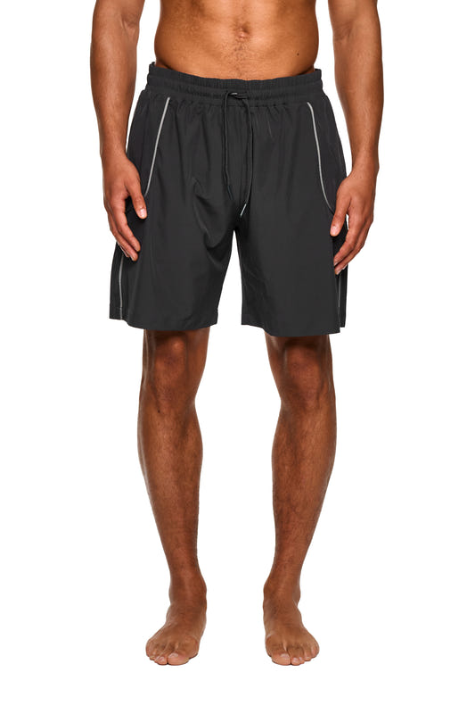 Close-up of the 0asis Swim Shorts Gray, showing elastic material, mesh lining and zippered side pockets, ideal for freedom of movement at the pool or beach.