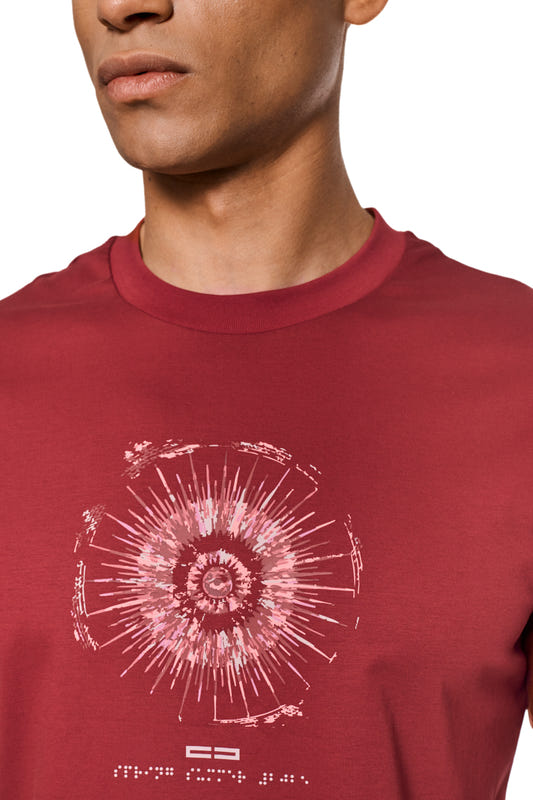 Pangea T-shirt Sun with smooth surface and ribbed collar, central Pangea graphic print, slim unisex fit. Ideal for warm days.
