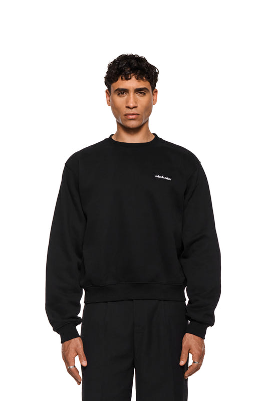 Schwarzes Sweatshirt mit kleinem weißem Logo links auf der Brust, dazu schwarze Hose – Frontansicht eines Models.