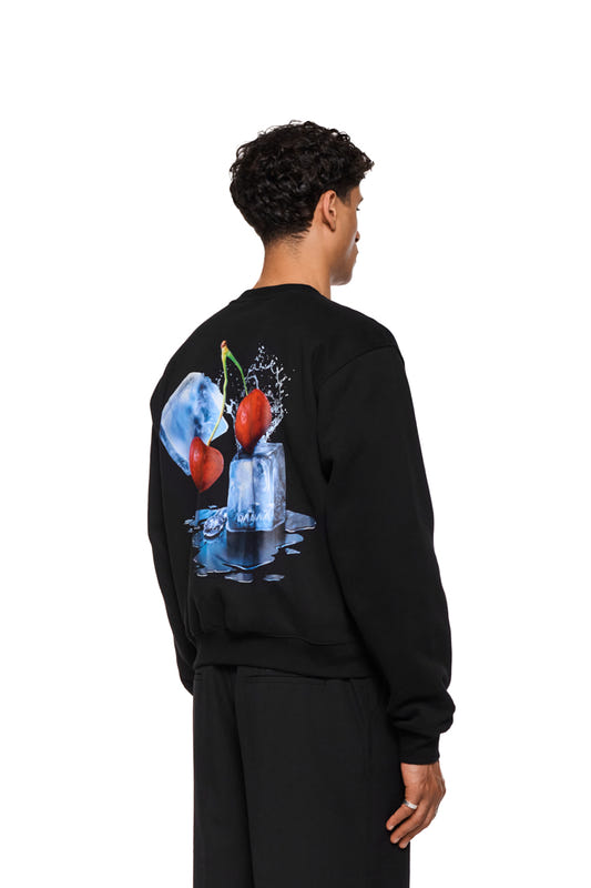 Schwarzes Sweatshirt mit buntem Rückenprint aus Eiswürfeln, Kirschen und Spritzwasser; Mann von hinten gesehen.