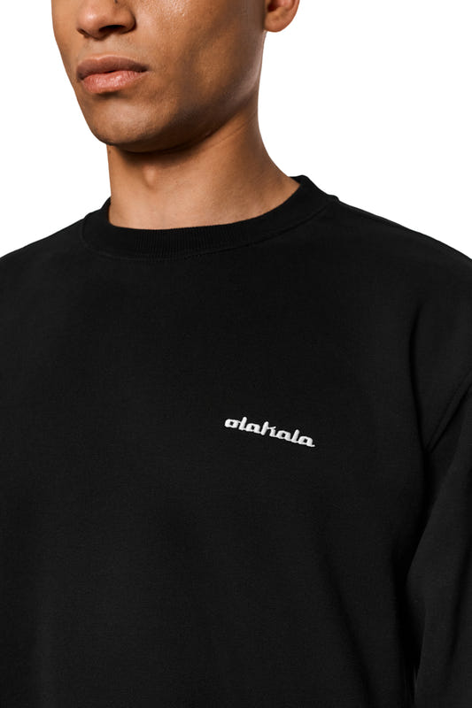 Schwarzes Sweatshirt mit kleinem weißen Logo auf der Brust, Nahaufnahme des Oberkörpers eines Mannes.