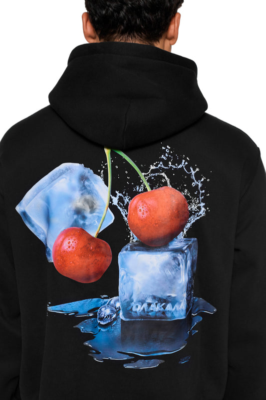 NC hoodie with ribbed cuffs, OLA KALA cherries graphic on the back, embroidered logo on the chest, oversized and cropped fit, unisex.