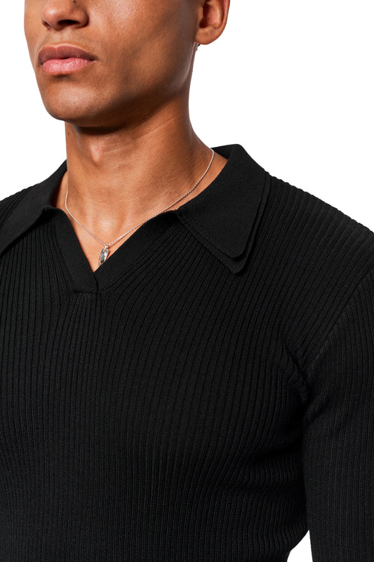 Exquisite Rib Knit Polo Black: Fitted, ribbed black polo with V-neck, double collar on the left, silver necklace with pendants. Unisex, elegant style from OLAKALA.