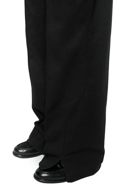 Unisex Exquisite Dress Pants Black with wide leg, piping at the front, side slit at the hem, embroidered OLAKALA icon and zipper at the cuff.