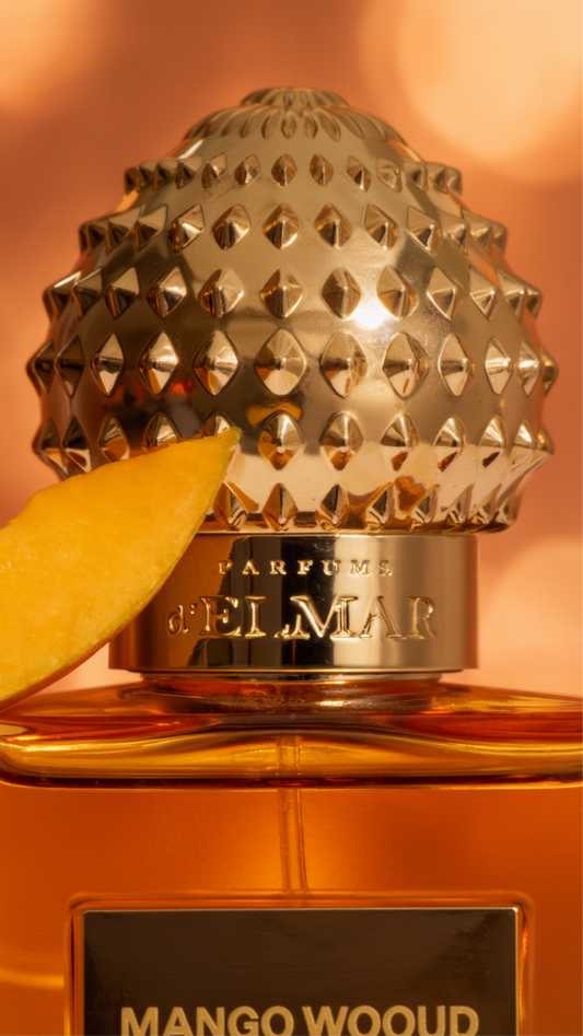 Nahaufnahme eines Mango Wood Parfümflakons mit goldener, diamantierter Kugel-Kappe, amberfarbenem Flakon und Mango-Scheibe am Rand.