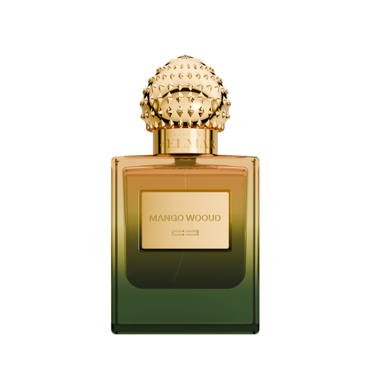 Mango Wooud Extrait de Parfum: Elegante Glasflasche mit goldener Plakette, goldener Kappe; Duftnoten von exotischen Früchten, Blüten und tiefem Oud.