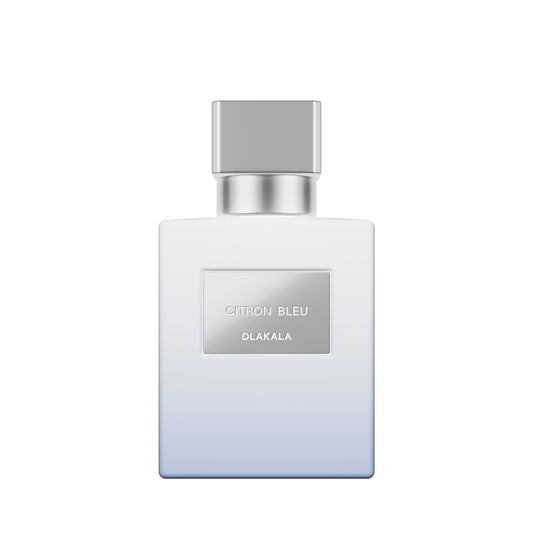 Citron Bleu Extrait de Parfum von OLAKALA: Elegante Flasche mit silbernem Deckel und Label, symbolisiert frische Zitrusnoten und exotische Früchte.