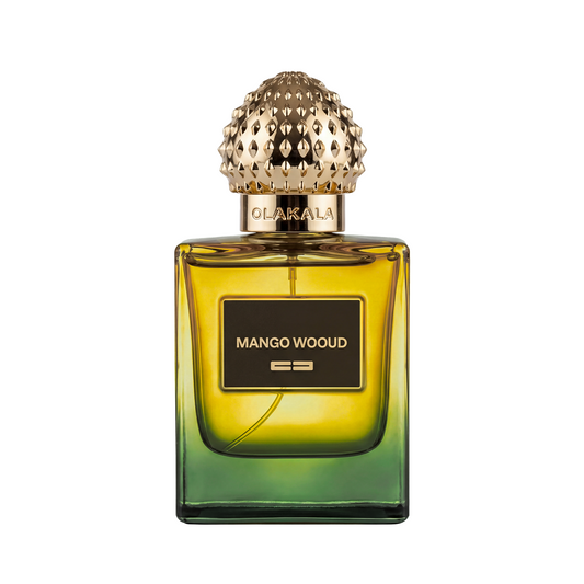 Mango Wooud Extrait de Parfum in grün-gelbem Flakon mit goldfarbenem, strukturiertem OLAKALA-Deckel, verkörpert exotische, tropische Duftnoten.