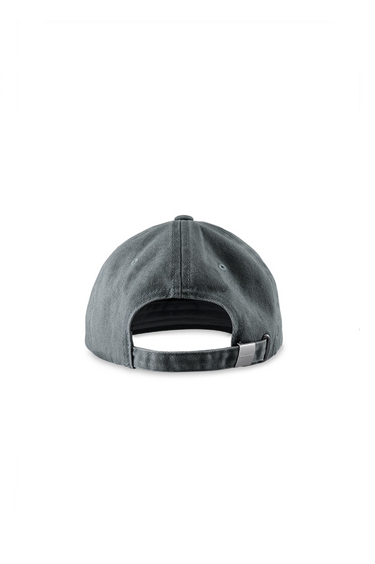 Rhodes cap gray with embroidered OLAKALA logo, adjustable with metal clip. One size fits all with a washed look. Close-up of the hat.