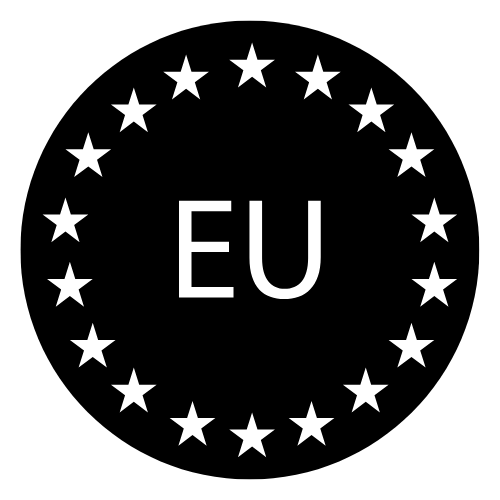 EU-Symbol: Rundes Sternenrad mit weißen Sternen um den zentralen weißen Buchstaben „EU“ auf schwarzem Hintergrund.