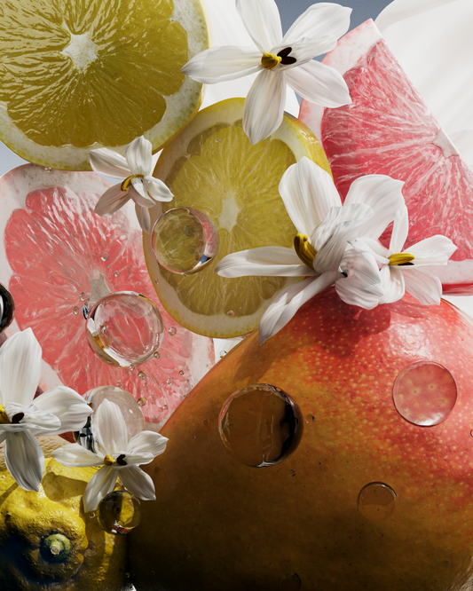 Nahaufnahme von Obstscheiben (Zitrone, Grapefruit) und Mango mit Wassertropfen, garniert von weißen Blüten.