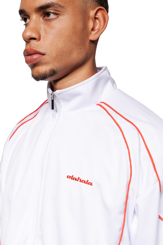 Men's Rave Trackjacket White Red with stand-up collar, red piping, embroidered OLAKALA logo on the chest and silver zipper.