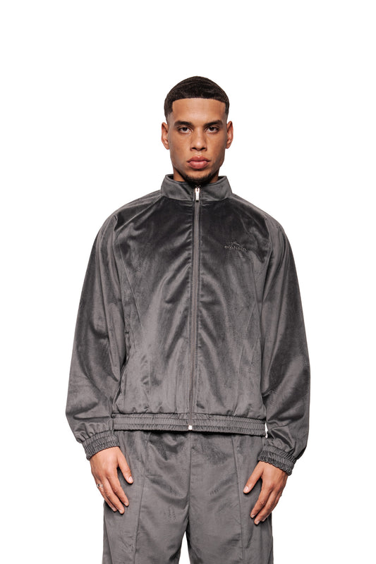 Männliches Model trägt das Sports Velour Jacket Gray: graue Veloursjacke mit Reißverschluss, Stehkragen, elastischen Bündchen und Ton-in-Ton-Branding, kombiniert mit passender Hose.
