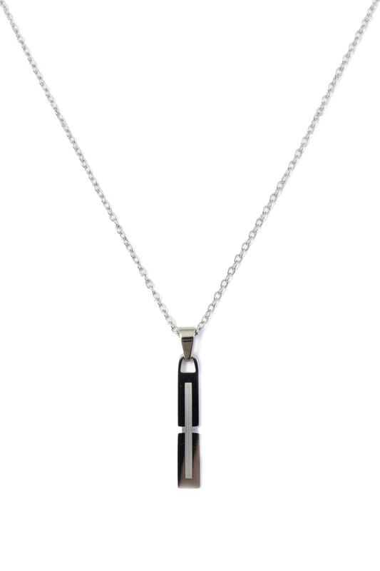 Icon Necklace featuring a delicate silver chain and a striking pendant made of two black rods with a silver stripe, a minimalist design for a modern look.